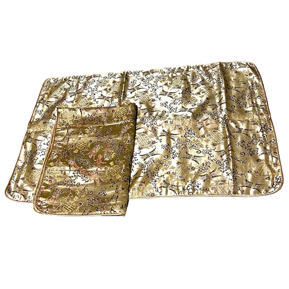 2 Gold Brocade Asian Pattern Satin Pillow Cases 30”x20” - Picture 2 of 5